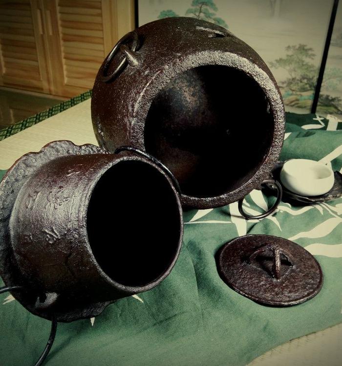 551 茶道具日本铸铁汉诗文老茶饭风炉釜一套