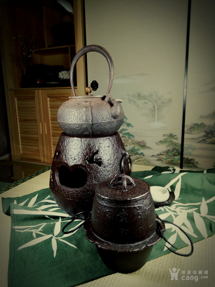 551 茶道具日本铸铁汉诗文老茶饭风炉釜一套