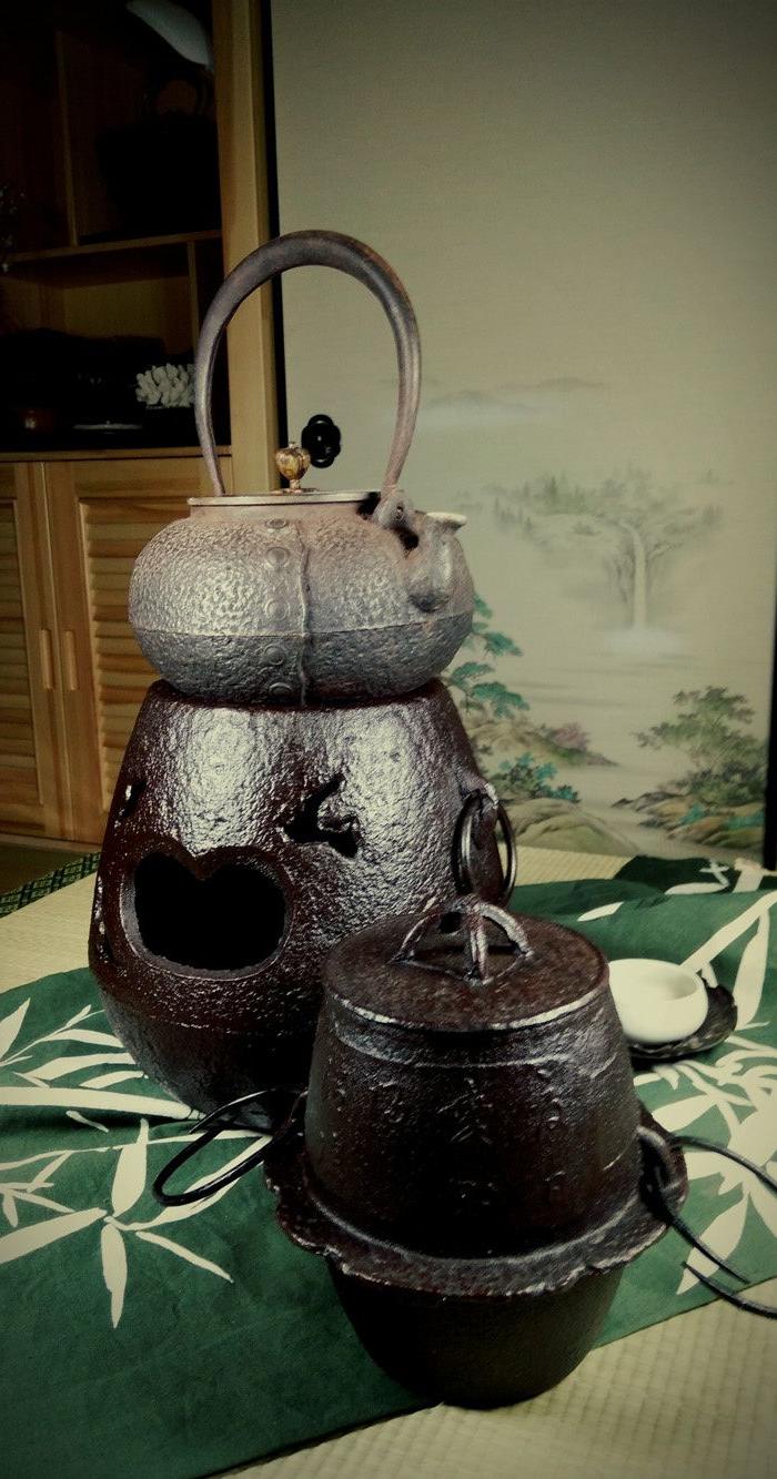 551 茶道具日本铸铁汉诗文老茶饭风炉釜一套