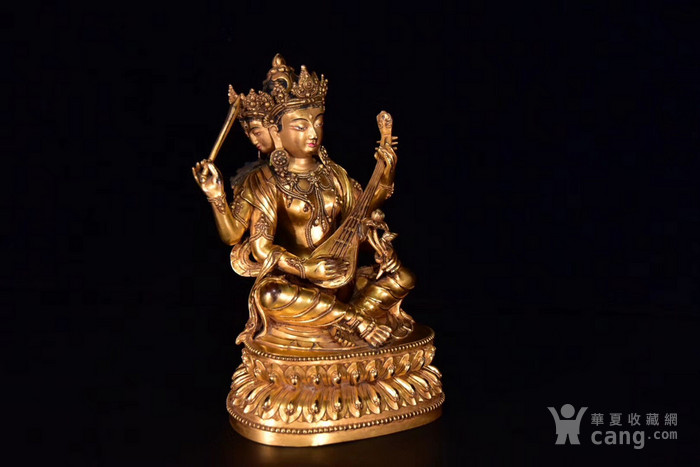 十七世纪 藏传铜鎏金三面四臂 妙音天女 造像.