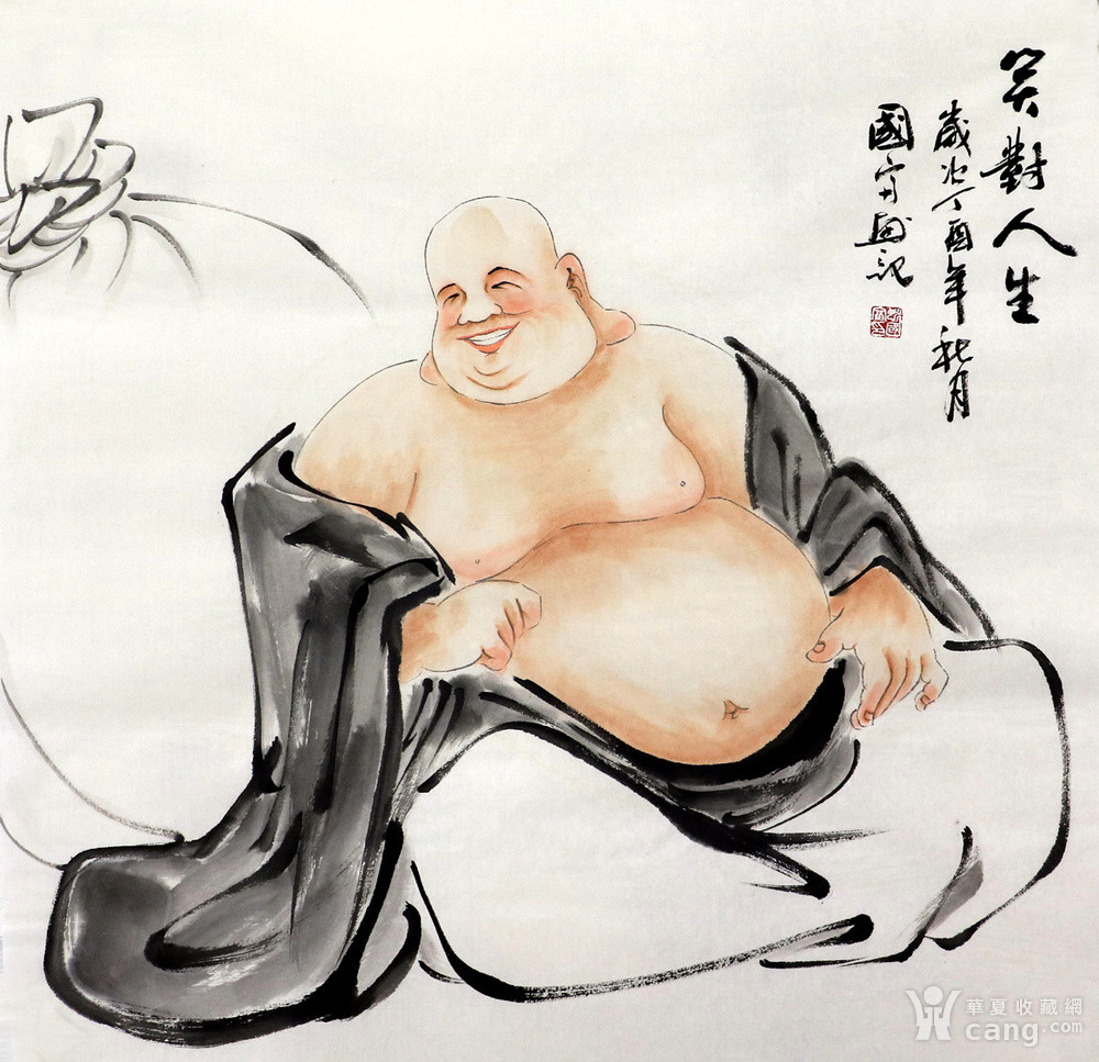 姚国富手绘国画字画四尺斗方写意人物大肚罗汉弥勒佛