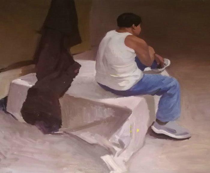 名画家布面油画《坐着的男背影》