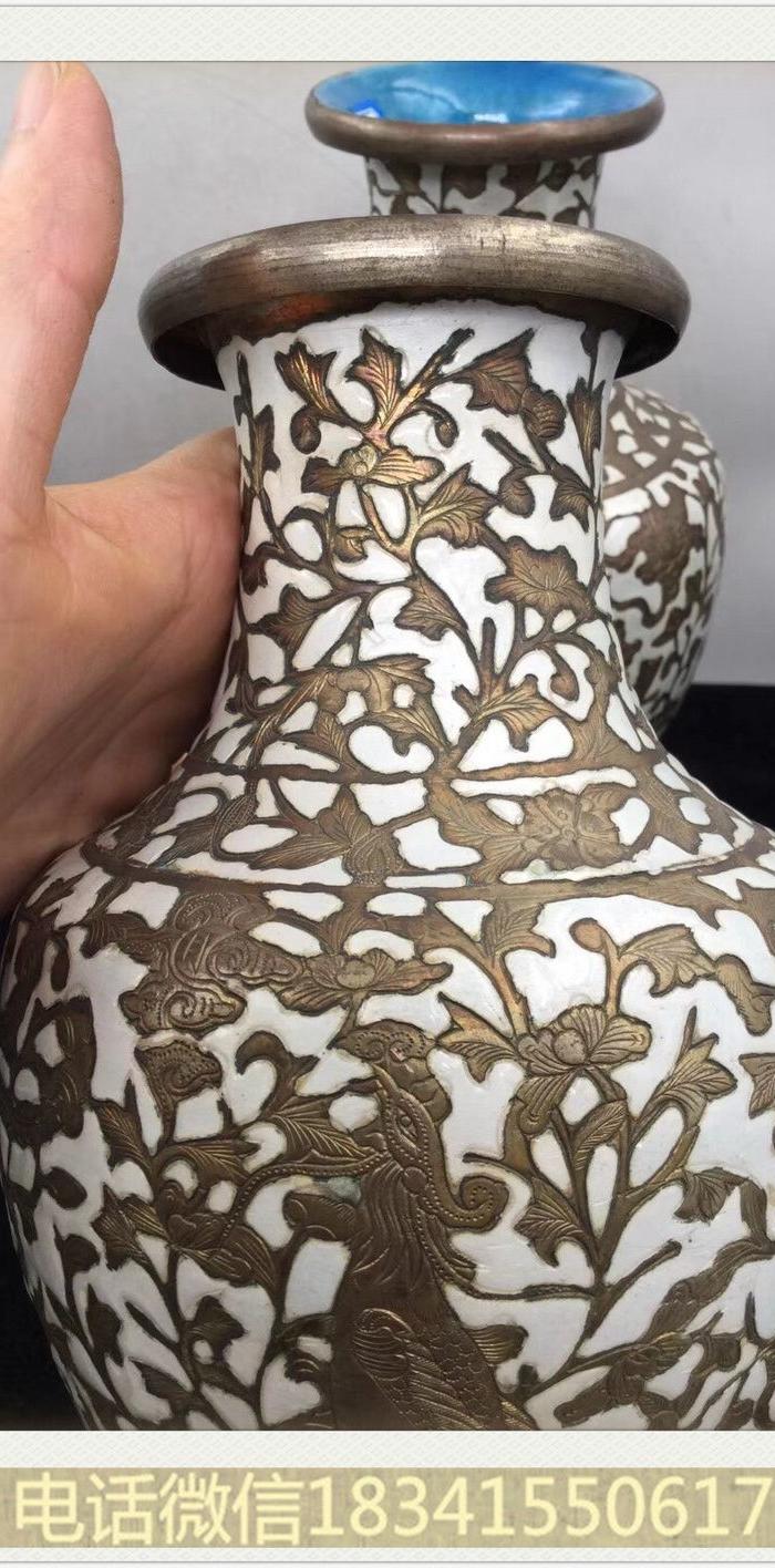 民国铜烧蓝凤穿牡丹赏瓶 1806.27