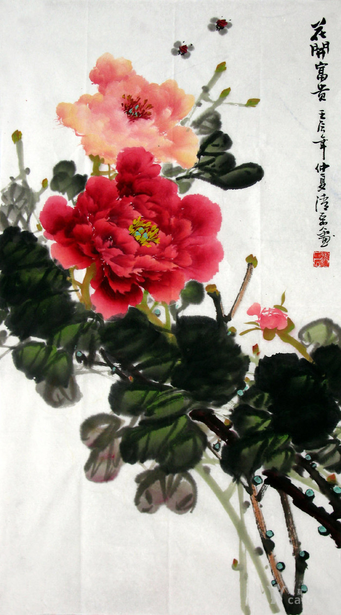 陈德清手绘原稿三尺牡丹字画收藏富贵迎春