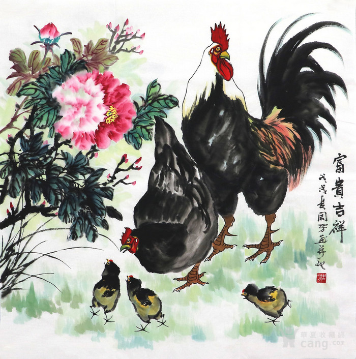 周芳国画字画收藏花鸟画手绘真迹四尺斗方公鸡大吉图