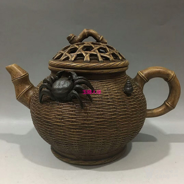 钱菊芳款竹编紫砂壶18x25