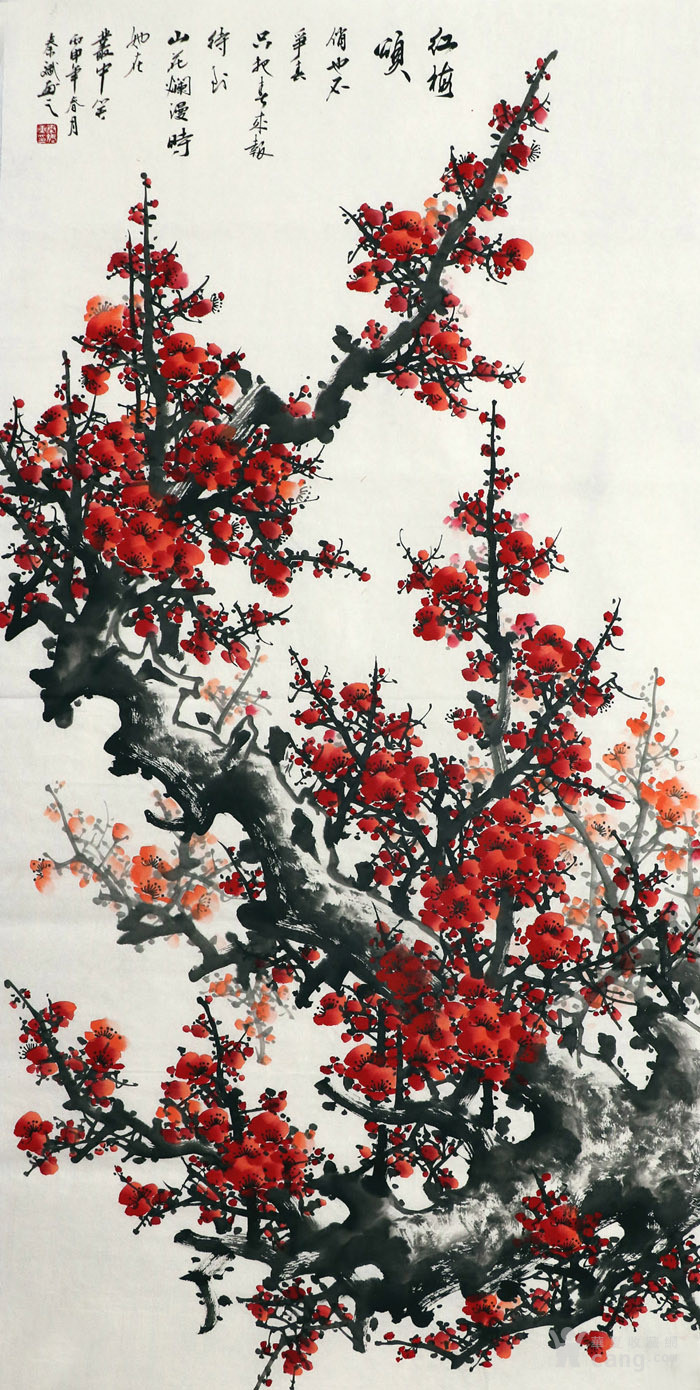 *斌纯手绘国画花鸟字画收藏办公四尺红梅报春梅花图