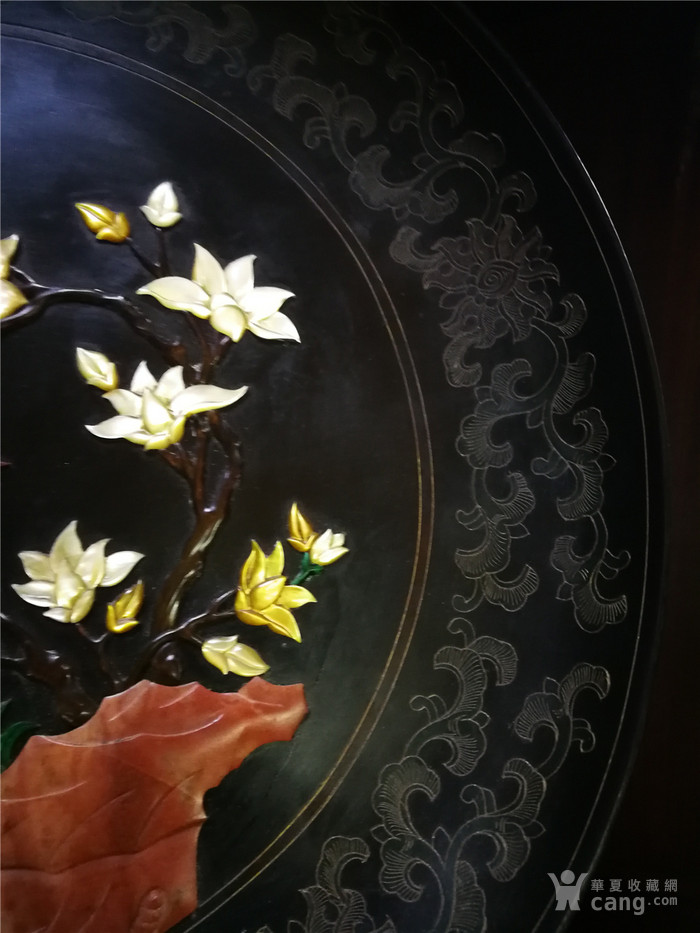 漆器镶嵌贝壳寿山石花鸟大盘