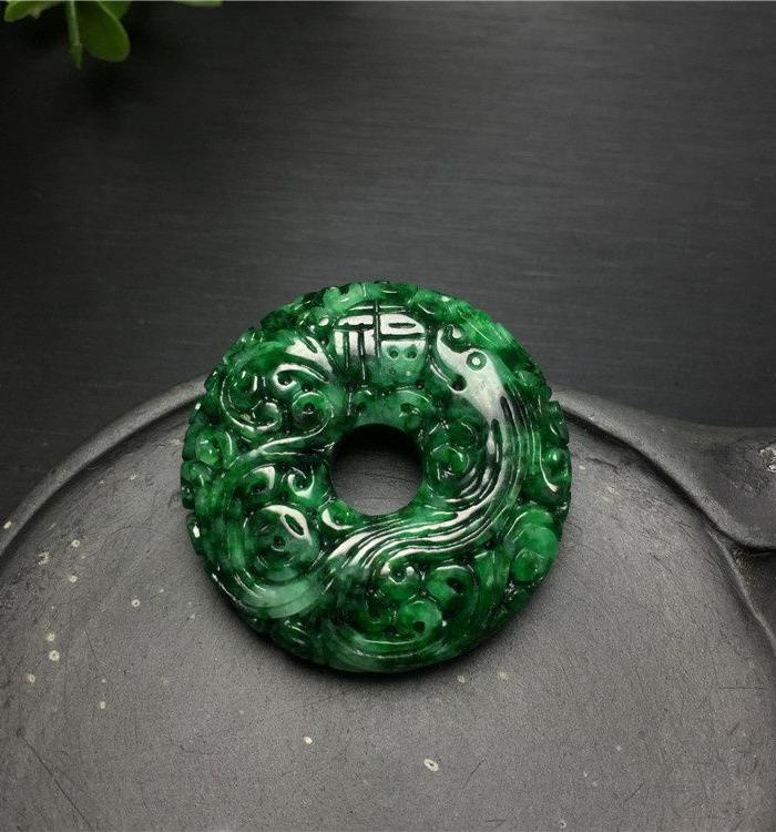 玉泉文玩b118创汇期花青种飘辣绿翡翠平安花扣吊坠