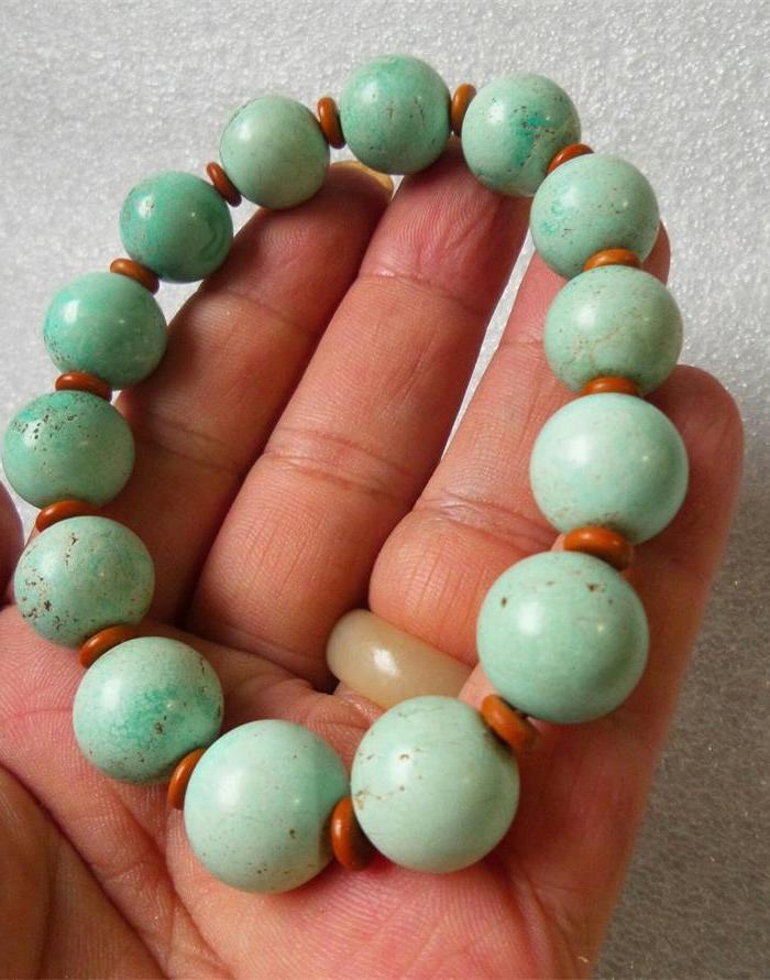 天然原矿湖北天蓝绿松石圆珠手串