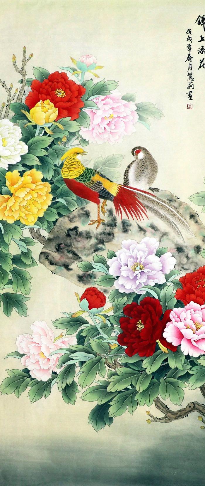 王慧莉原稿真迹手绘国画花鸟四尺竖幅工笔富贵