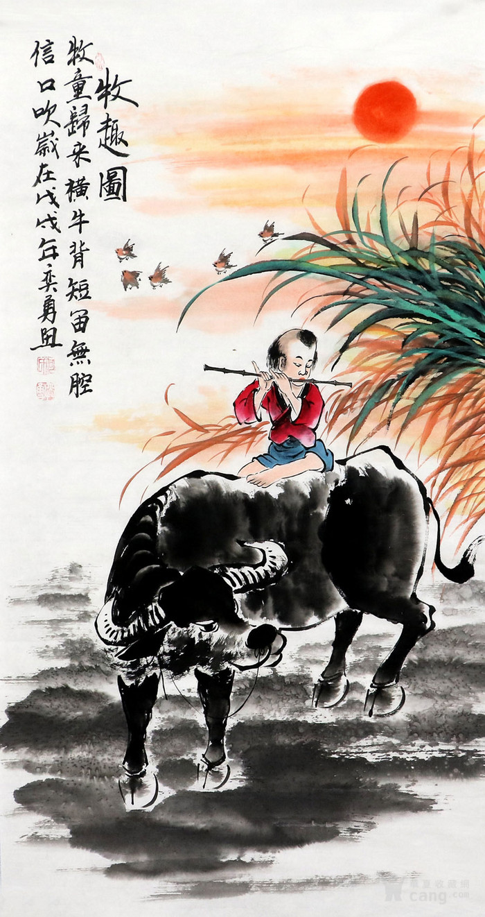 何奕勇手绘名家真迹客厅书房字画三尺国画人物牧童图