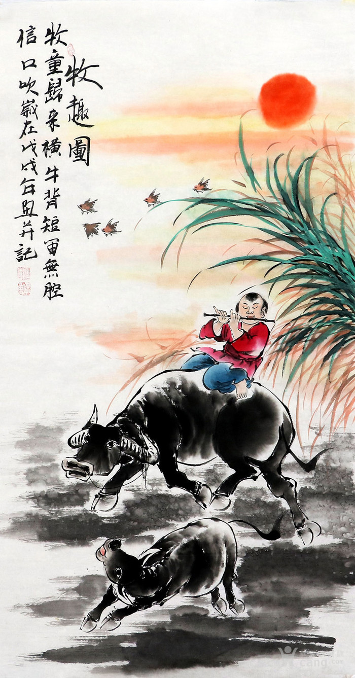 何奕勇手绘名家真迹客厅书房字画三尺国画人物牧童图