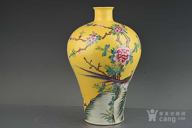 清乾隆黄地粉彩爬花花鸟纹梅瓶