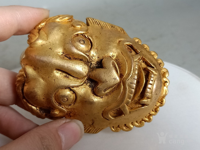 老铜鎏金虎头金腰带佩