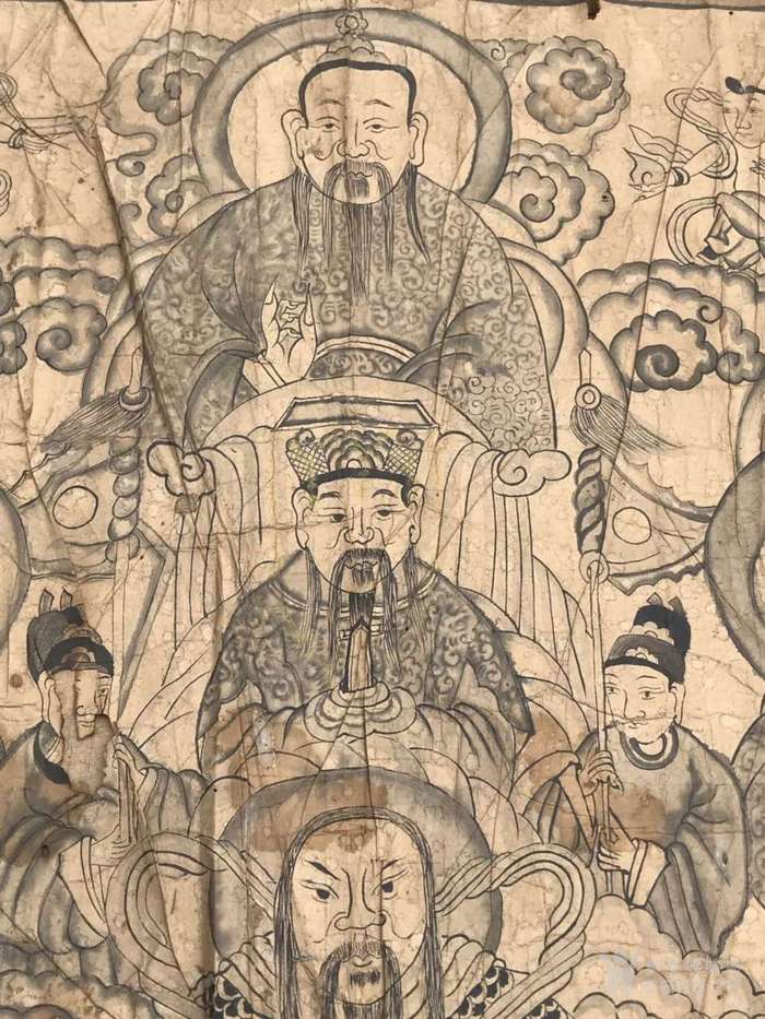 稀少清中期磨彩画,众多神像