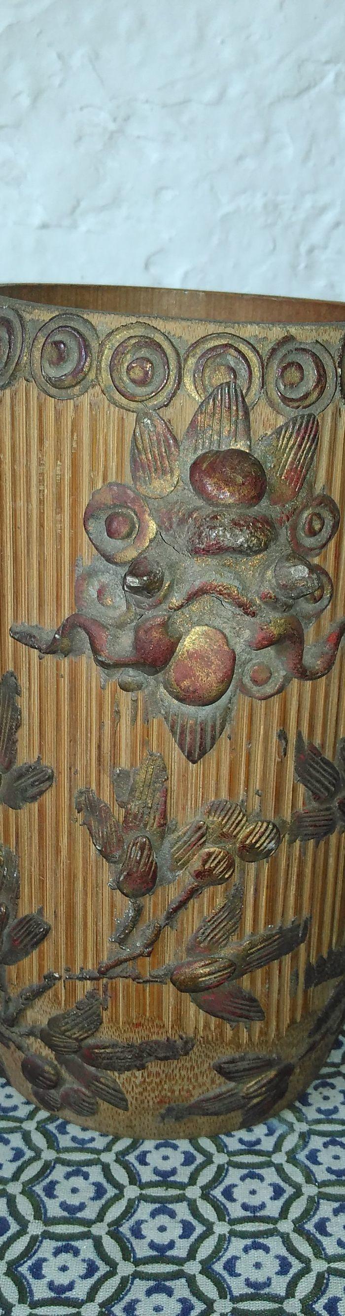 老物件 漆金贴花竹筒 包老 古玩杂项值得收藏