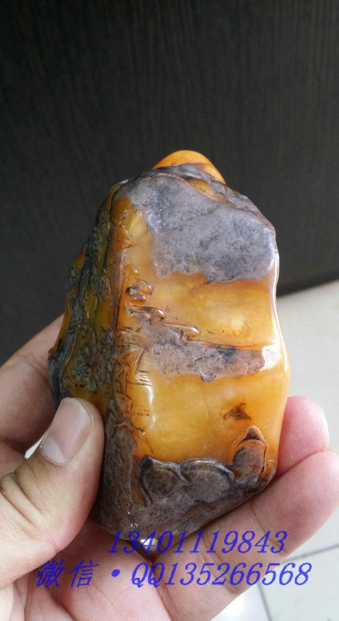 老寿山石黑*浮雕田黄石随形摆件