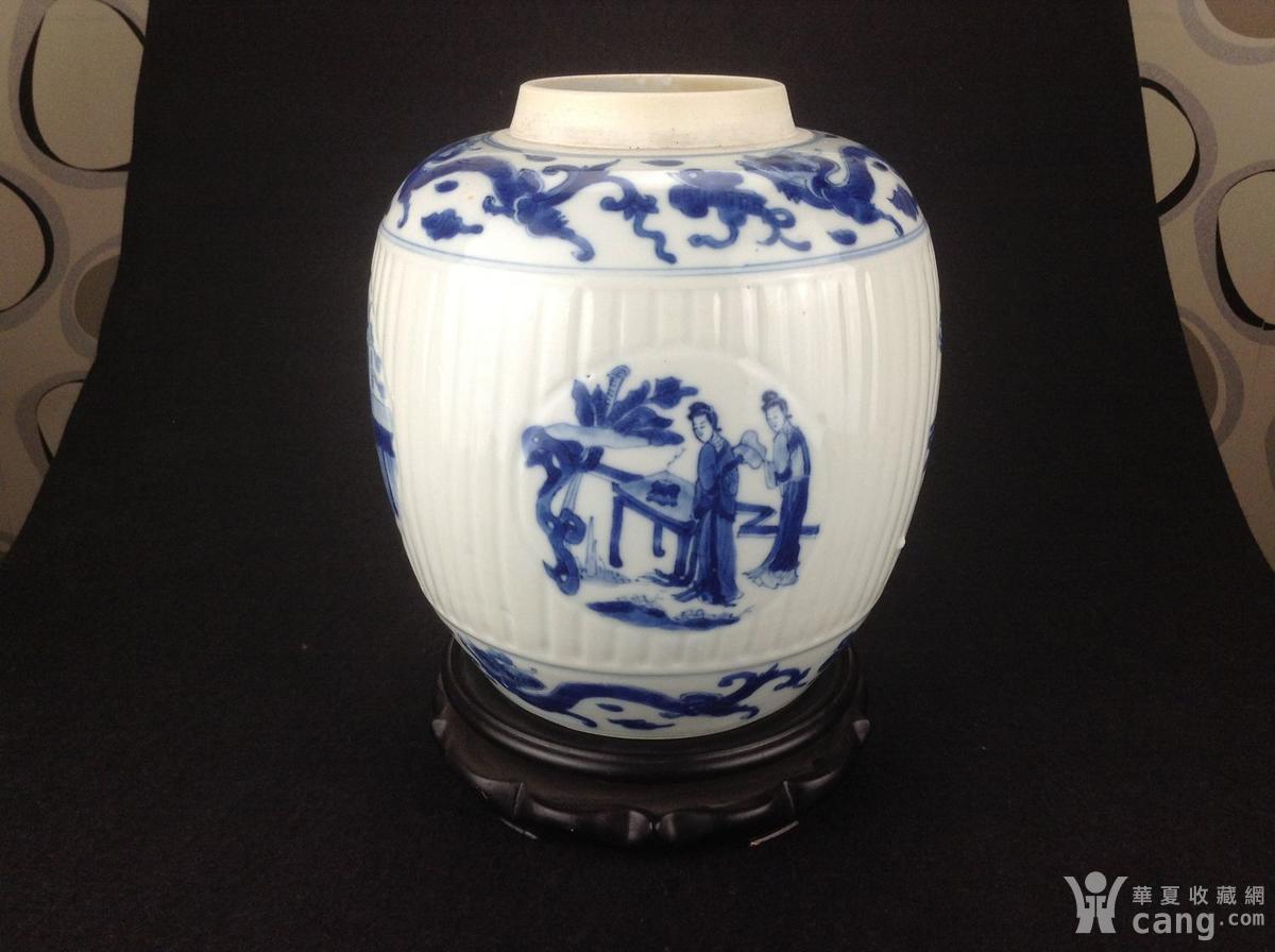 重器!清康熙青花菊瓣纹四开光人物大罐人头罐姜罐