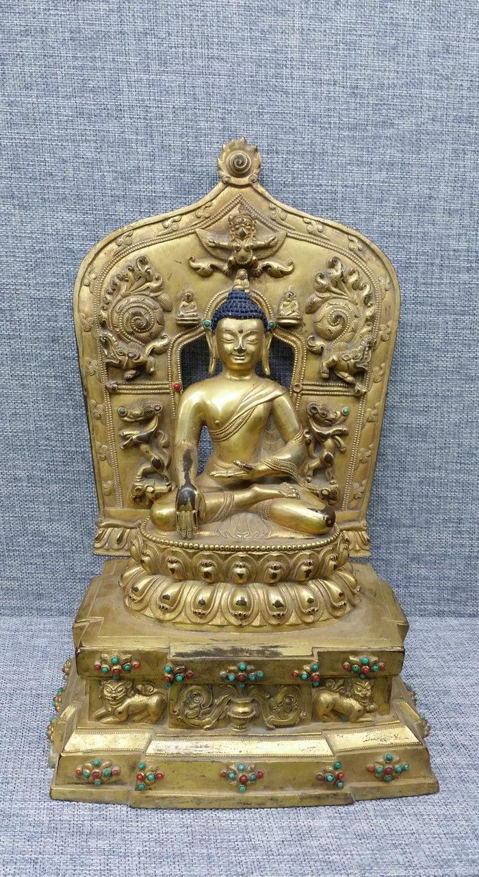 老件鎏金释迦摩尼佛像 带底座靠背 完美老件精品高30cm