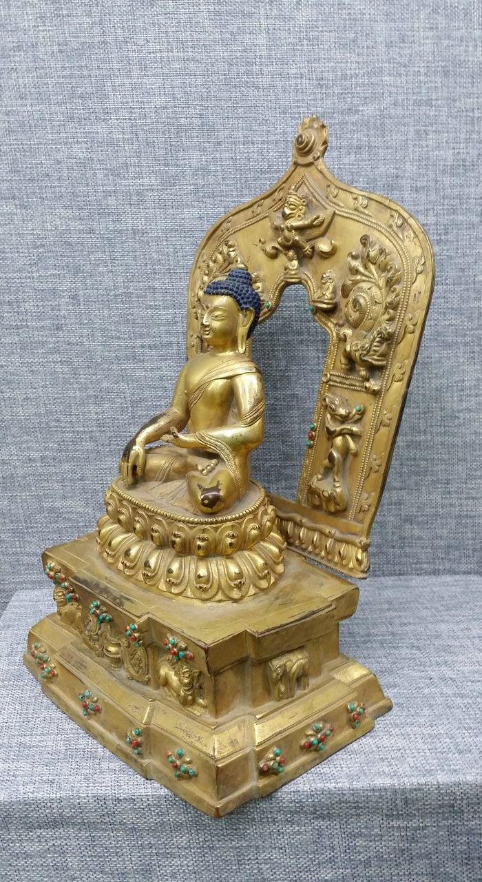 老件鎏金释迦摩尼佛像 带底座靠背 完美老件精品高30cm