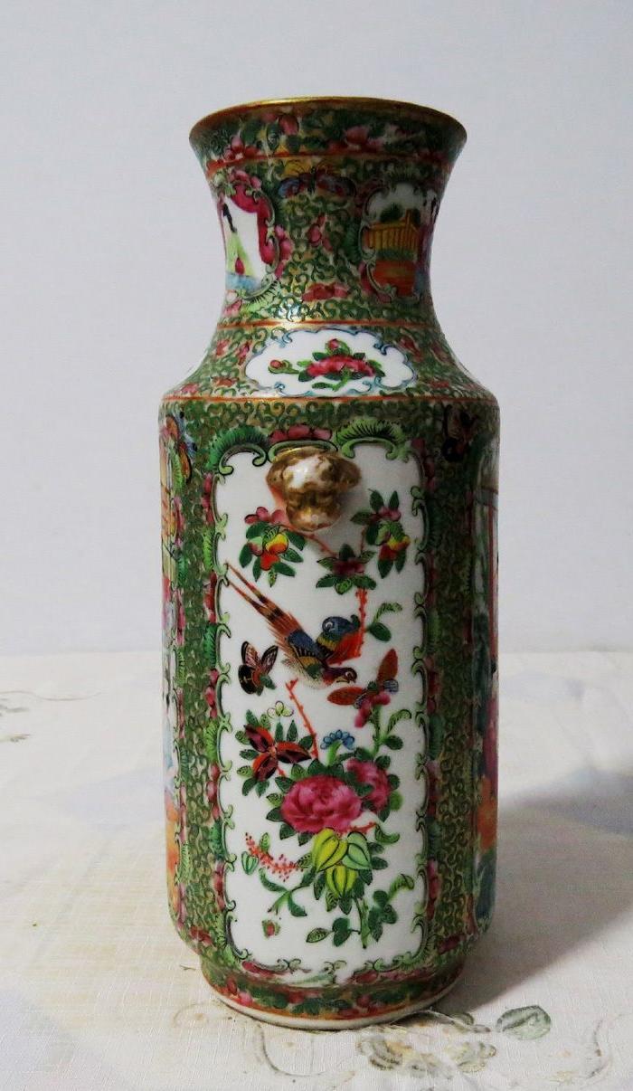 清同治广彩开光花鸟人物双狮耳软棒槌瓶28.