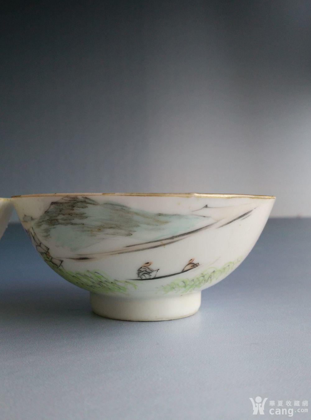 浅绛彩鼻祖程门大师山水花鸟对碗