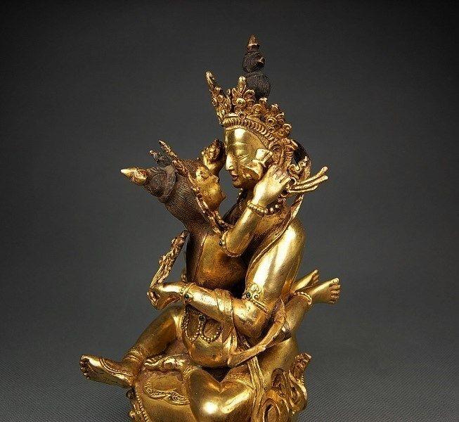 明代藏传双身佛造像 铜鎏金 21cm 欧洲回流古董