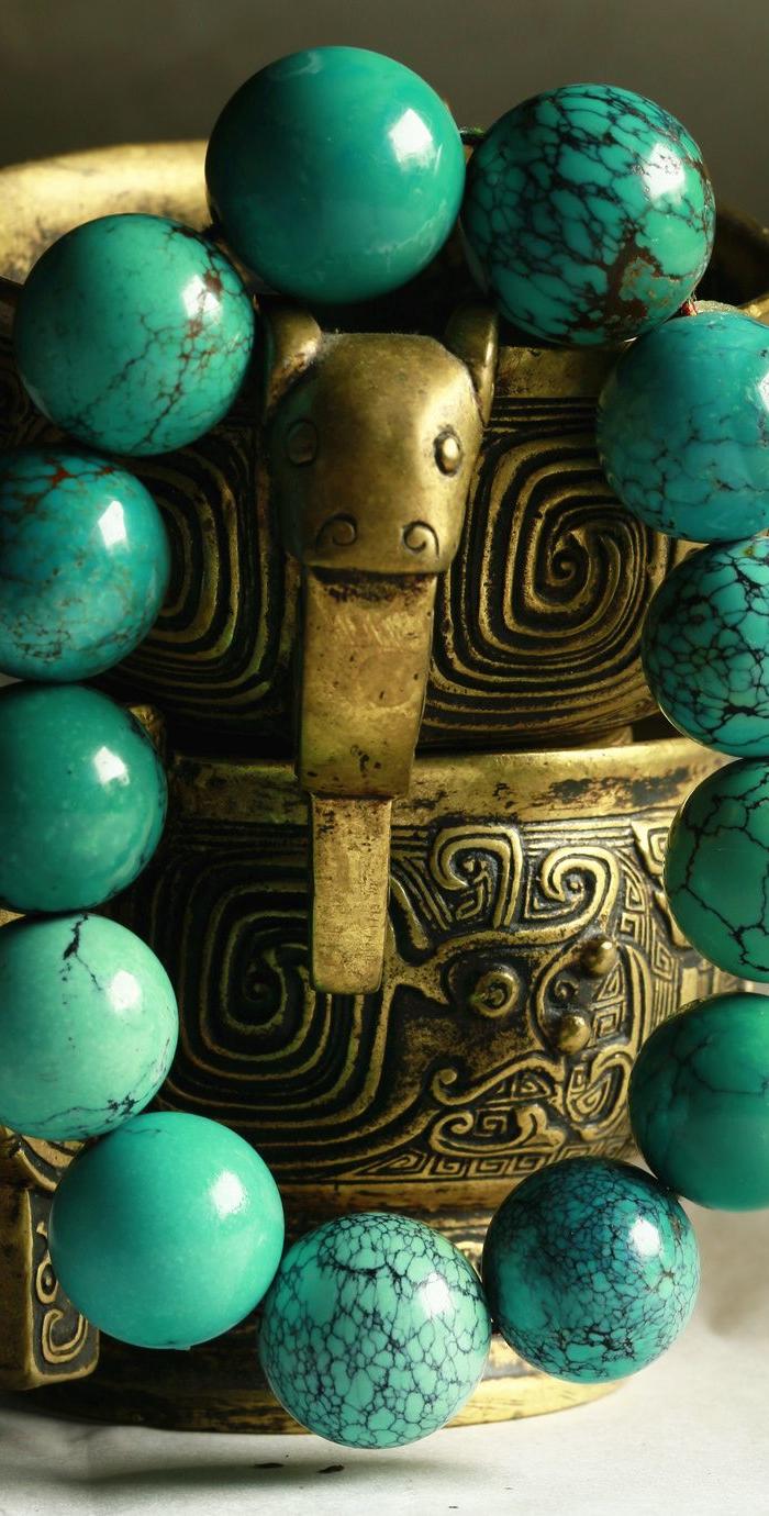 高品质 微沁 漂亮花纹 天然绿松石 正圆珠 男士手钏