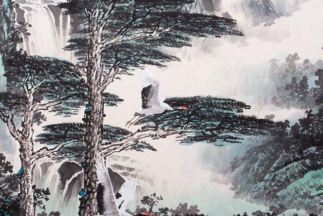 松鹤聚财图 传统的青绿山水画法绘制