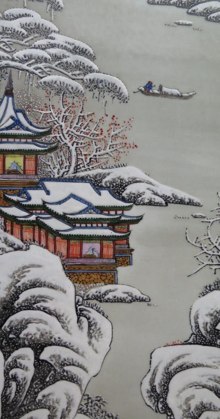 民国雪景瓷板画四条屏