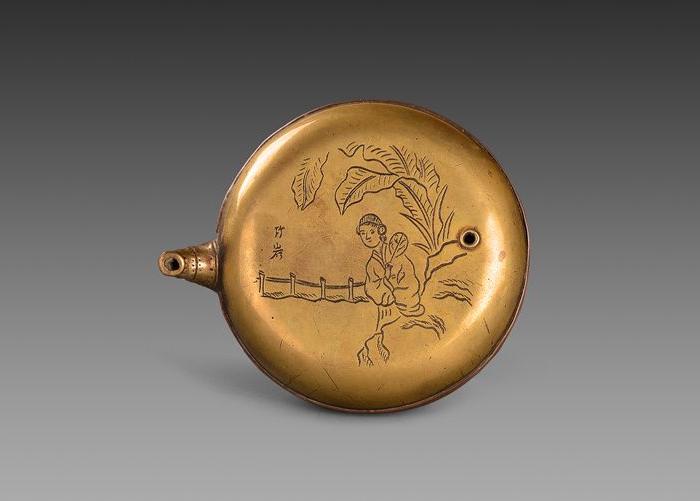 荣宝斋竹岩款仕女图刻铜砚滴