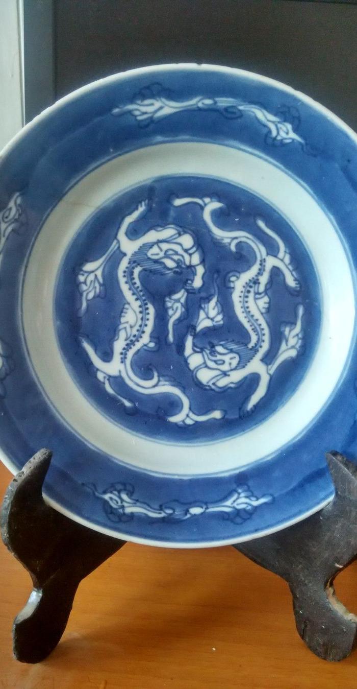 康熙青花留白双龙盘