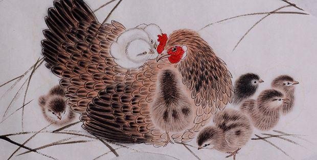 方楚雄扇面小品母鸡小鸡