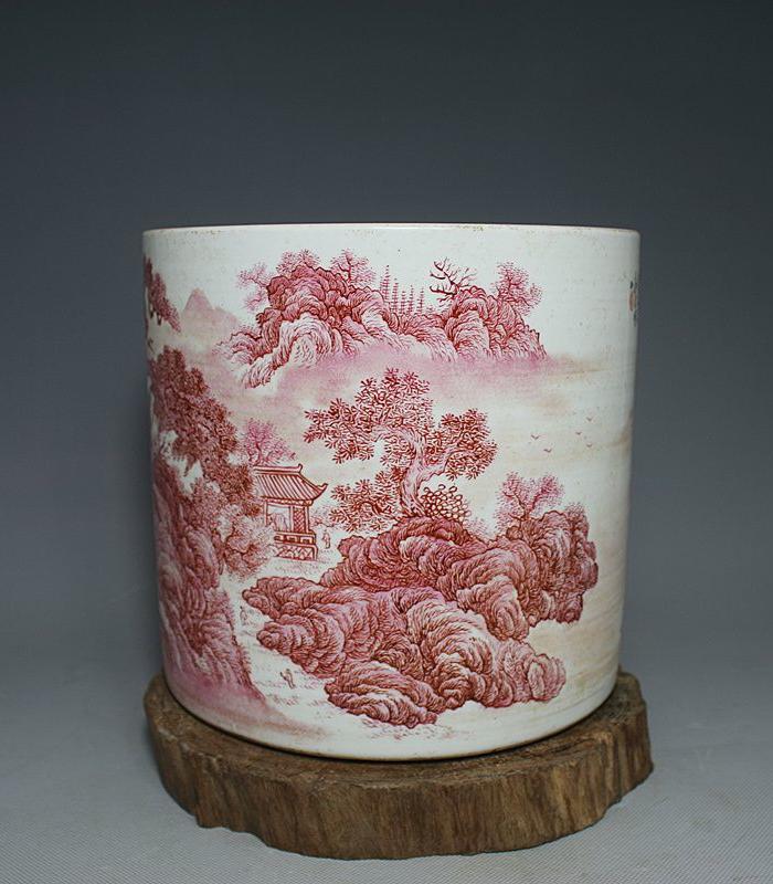 张志汤胭脂红山水笔筒