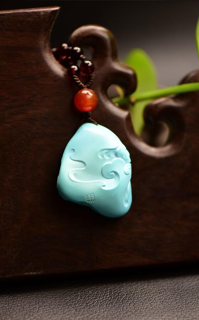 原矿绿松石高瓷高蓝手工雕刻大师挂坠悟道