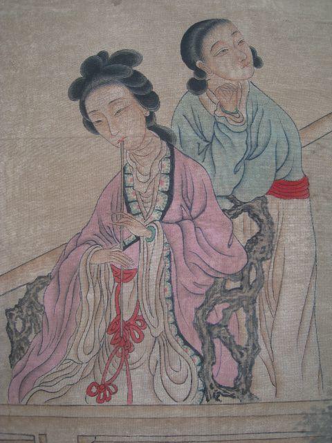 唐寅款仕女图绢画