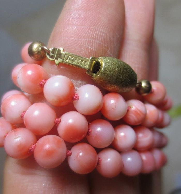 漂亮 粉色珊瑚项链 对折27cm 333金扣