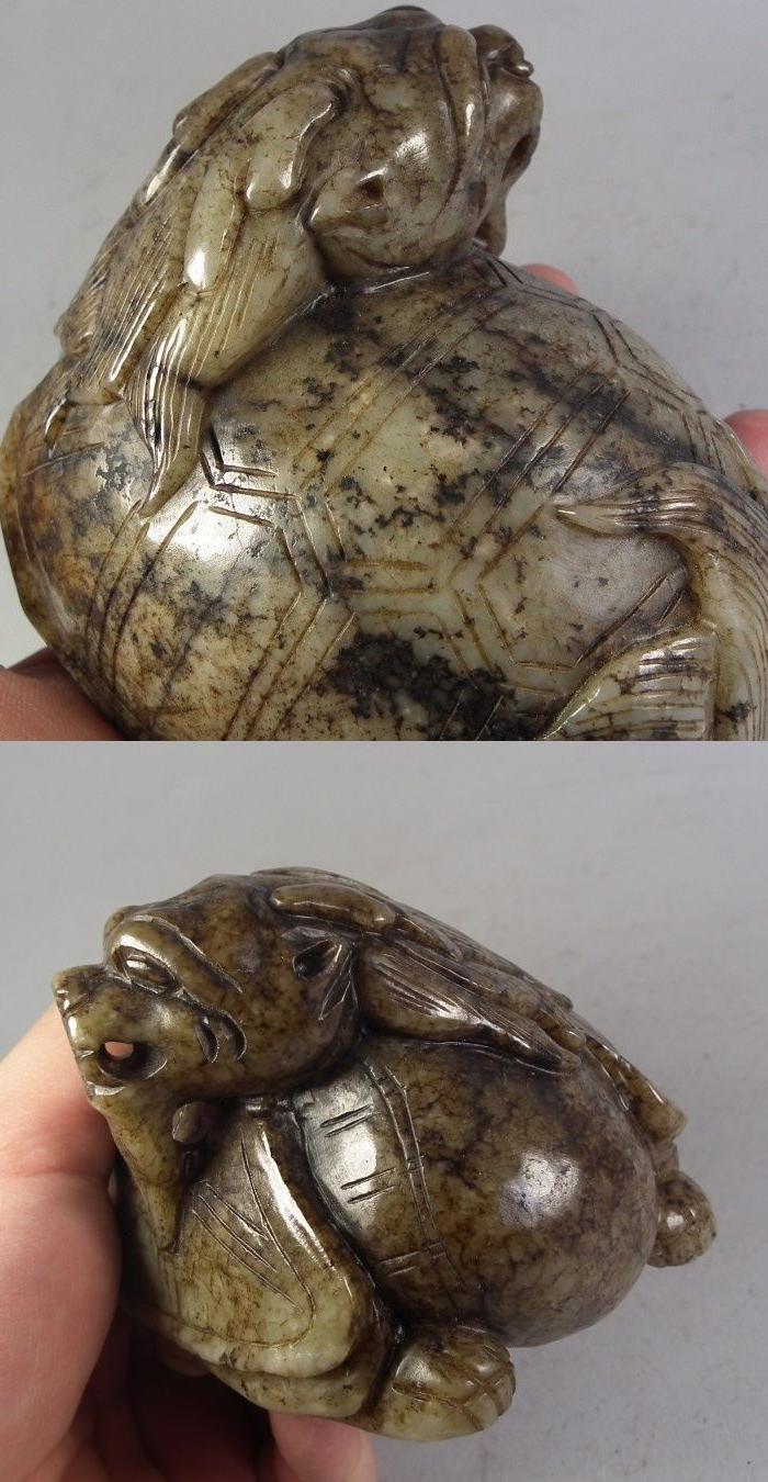 宋元和田青玉带黑沁圆雕龙龟大摆件