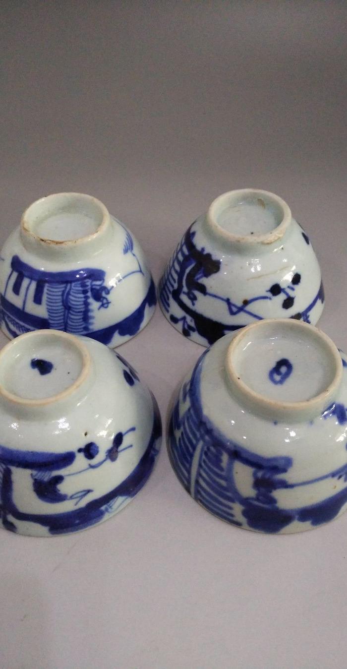 清代青花山水人物小酒杯4只