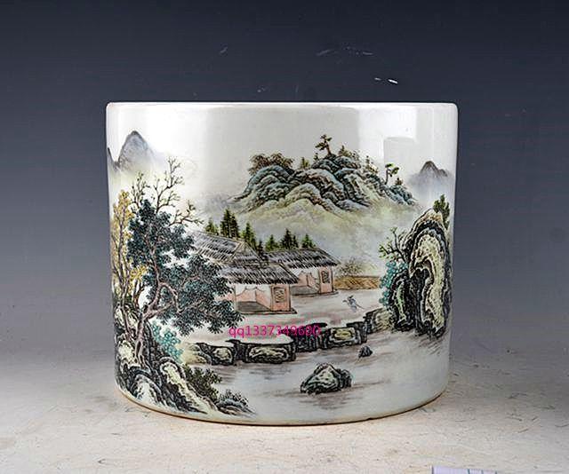 民国珠山八友张志汤作浅绛彩山水纹笔筒