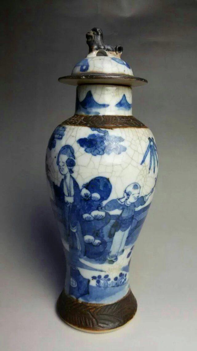 清代哥釉青花人物故事盖瓶(一口价)