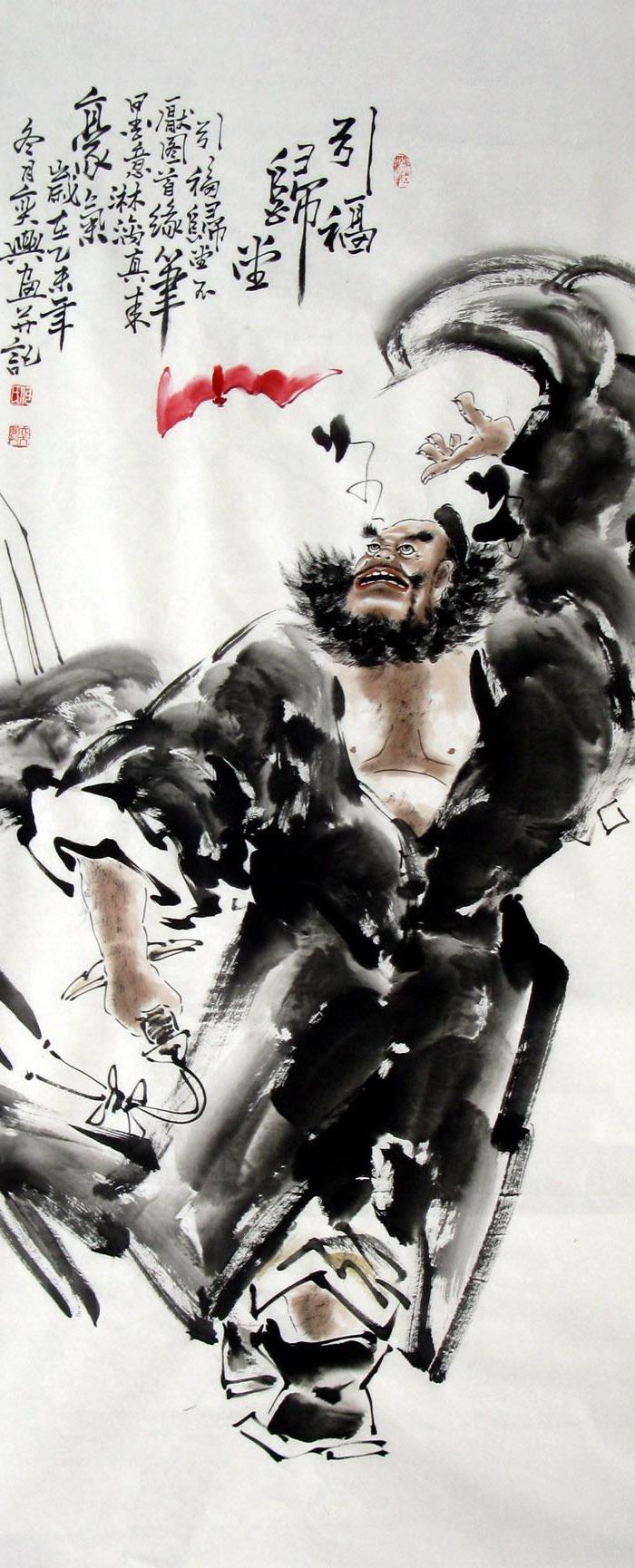 何奕兴手绘国画四尺写意人物画特价老子牧童钟馗喝茶