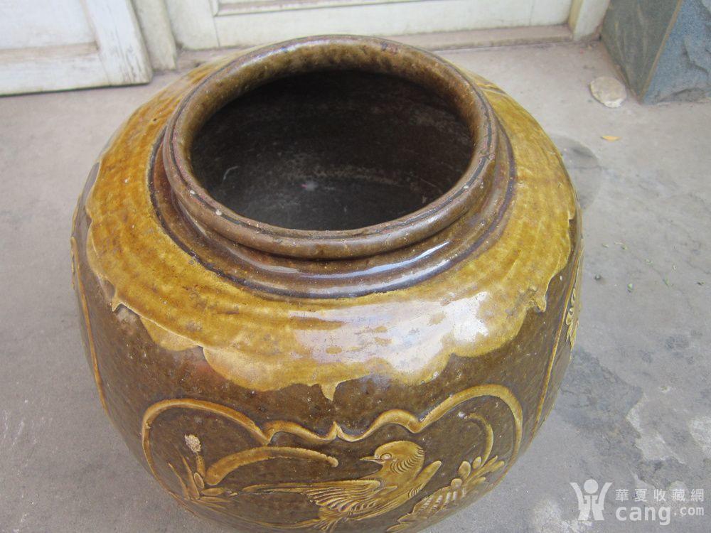 马口窑黄釉开光塑花鸟大罐