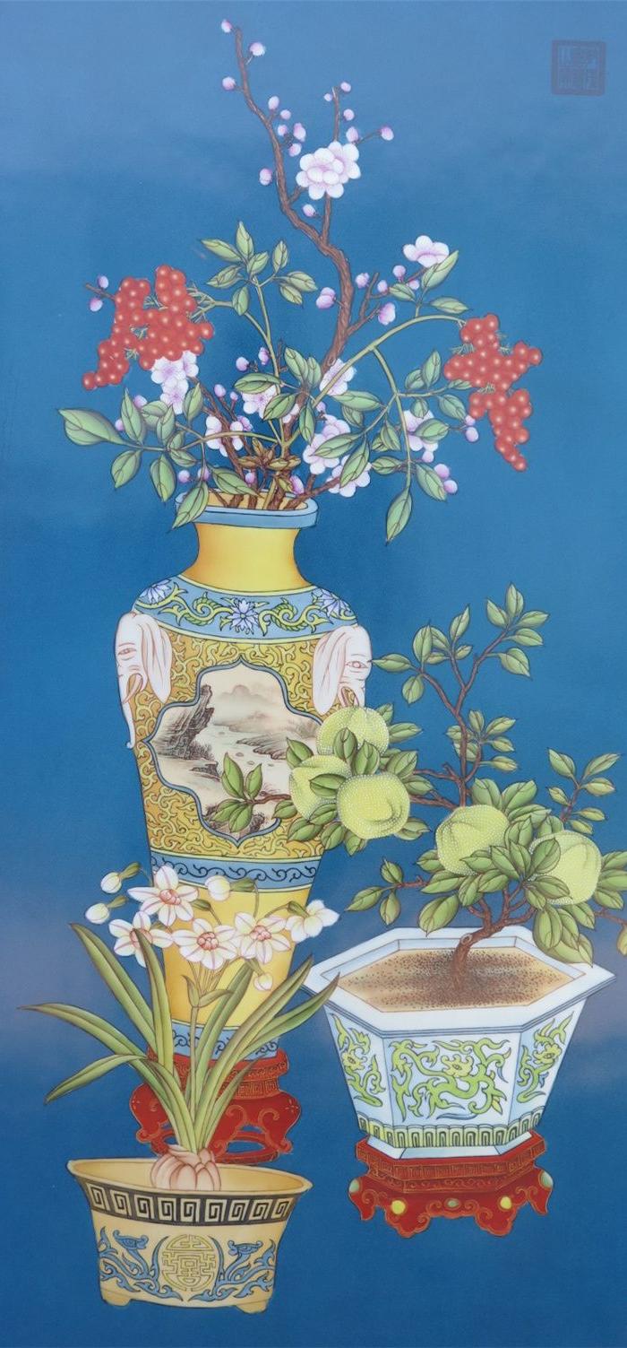 郎世宁-粉彩瓶中花绘景作品