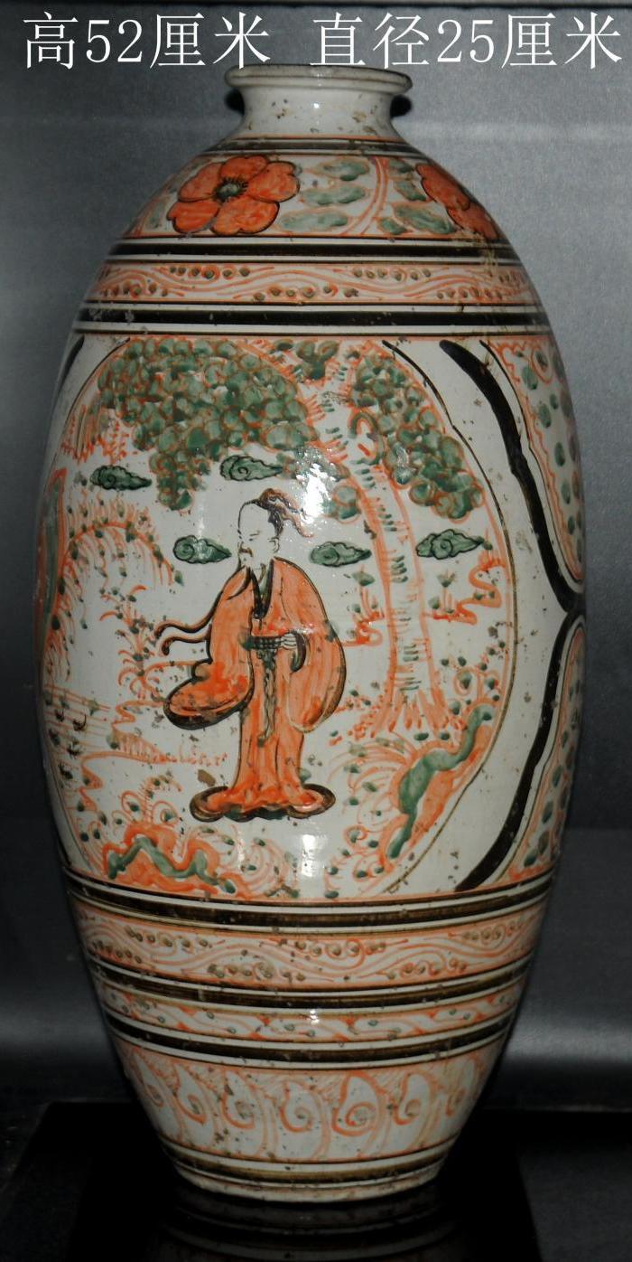 磁州窑特大人物故事图红绿彩梅瓶