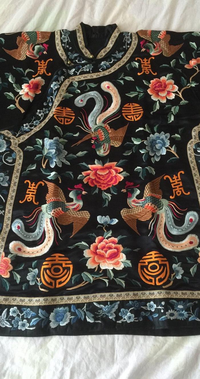 黑缎京绣牡丹凤袍三蓝五彩绣花蝶寿衣 衣服