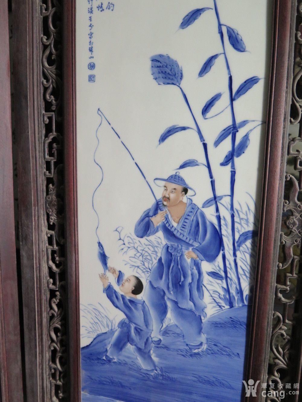 王步青花人物四条屏瓷板画