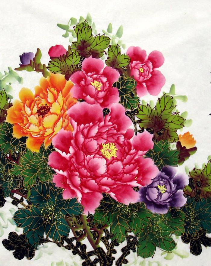 陶秋明国画花鸟画四尺斗方写意描金手绘金线牡丹画