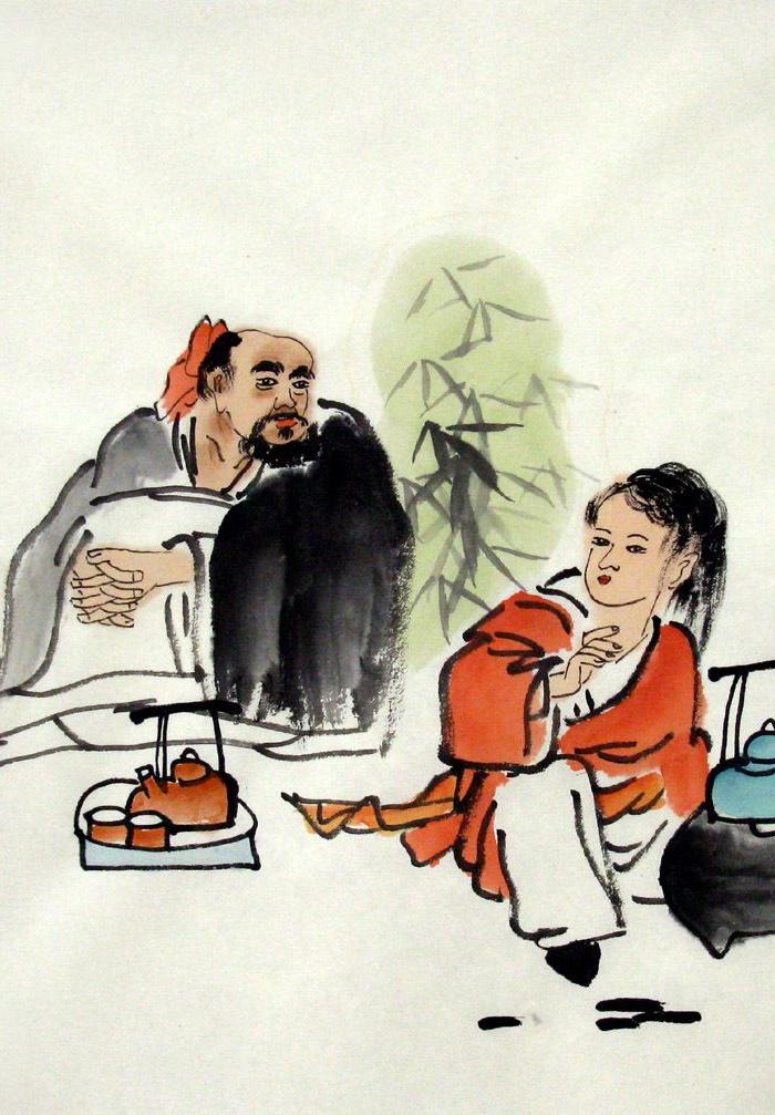 西平国画手绘无款小品写意人物画趣味人物喝茶下棋图